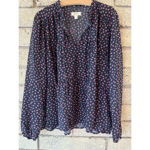 Womens On 34th Long Sleeve Floral Print Blouse Navy Pink Lightweight Ruffle Deta